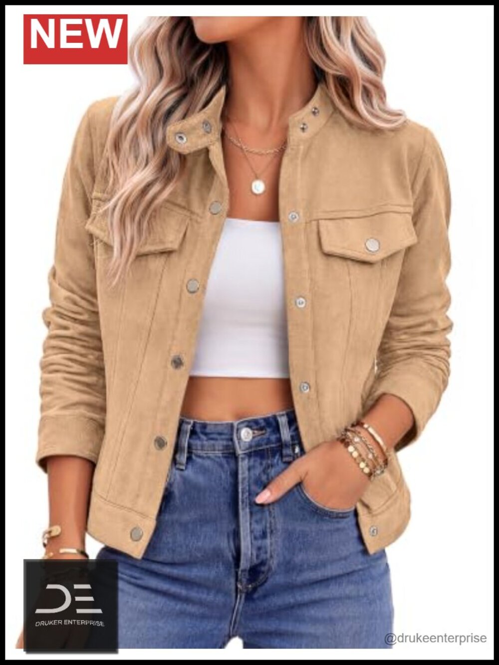 Faux Suede Cropped Jacket Snap Button Lapel Collar Fall Coat
